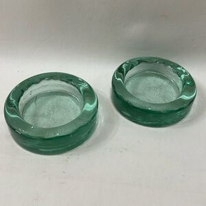 Vintage Blenko‎ Glass Paperweight Bubble Green Set 2 4 1/2 in Round 1 1/2 Tall